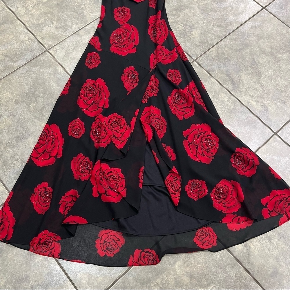 VTG Betsy & Adam Sz 10 Black Red V Neck Floral Sequin Side Slit Gown Dress Prom - Picture 5 of 11